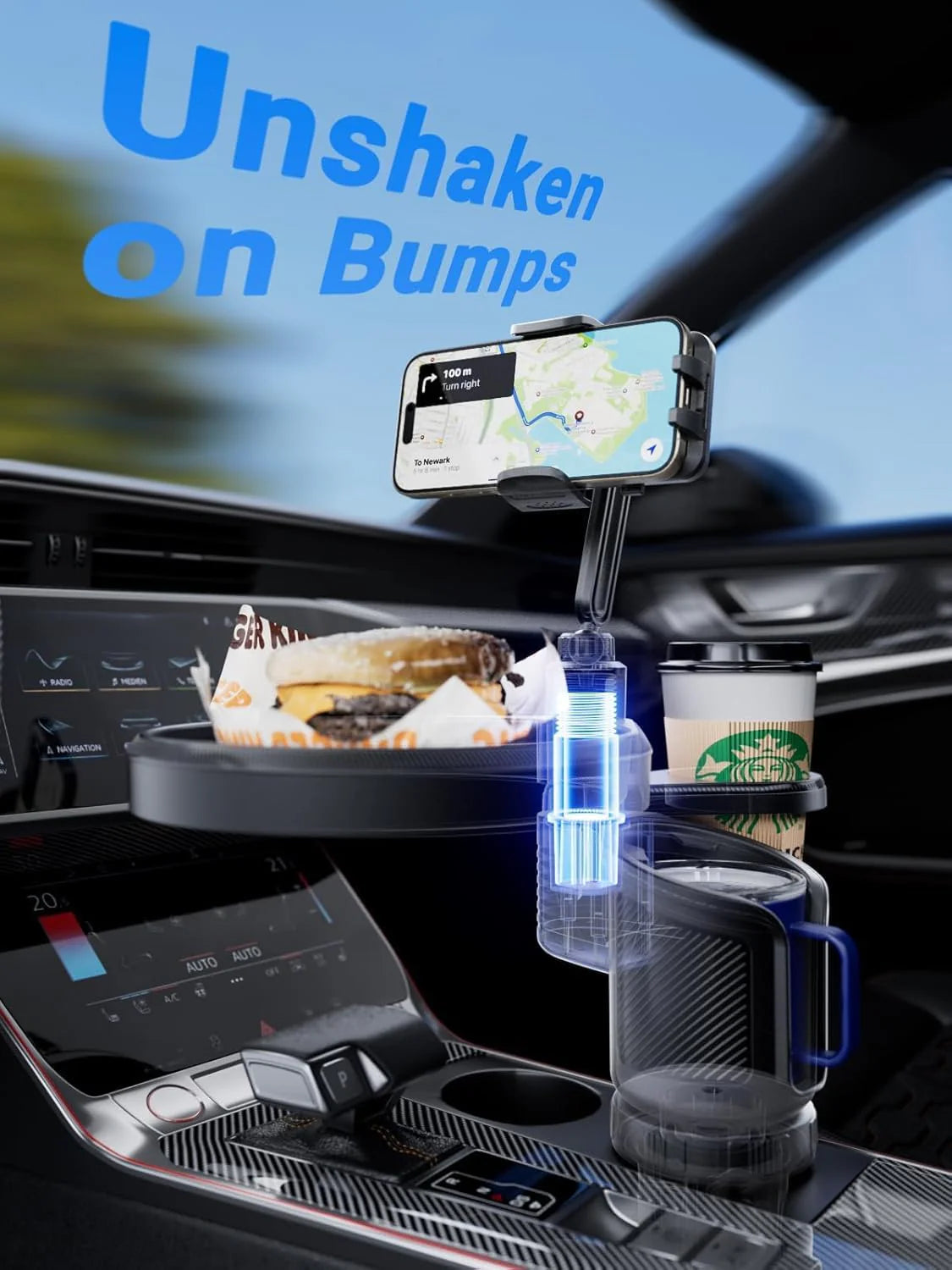AutoTray™ 3-in-1 - منظم السيارة الذكي مع طاولة دوارة وحامل هاتف