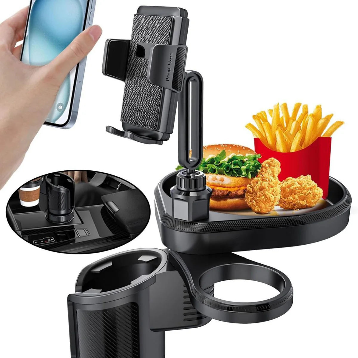 AutoTray™ 3-in-1 - منظم السيارة الذكي مع طاولة دوارة وحامل هاتف